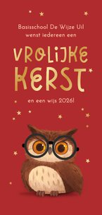 Zakelijke kerstkaart onderwijs uil sterren goud basisschool
