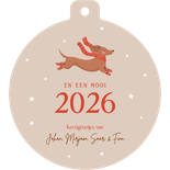 Beige kerstkaartje in kerstbal vorm met teckel en sterren Achterkant