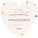 Communiekaart hartjesvorm met droog bloemetjes Achterkant