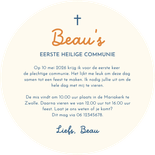 Communiekaart rond met hippe strepen en grote naam Achterkant