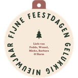 Foto kerstbalvorm kaart blokjespatroon kerstboompjes Achterkant