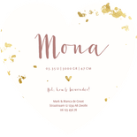 Geboortekaartje hartvorm oud roze waterverf gouden spetters Achterkant