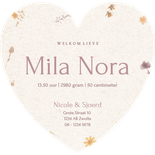 Geboortekaartje in de vorm van hartje met droog bloemetjes Achterkant