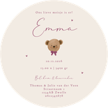 Geboortekaartje rond teddybeer met paarse strik Achterkant