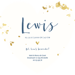 Hartvormig geboortekaartje blauwe waterverf gouden spetters Achterkant