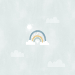 Hip geboortekaartje zon achter regenboog en wolkjes Achterkant