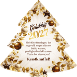 Kerstboomvorm kerstkaart bruine takken, kerstballen sterren Achterkant