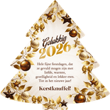 Kerstboomvorm kerstkaart bruine takken, kerstballen sterren Achterkant