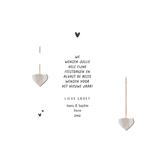 Kerstkaart hart hout hangers loving christmas foto's Achterkant