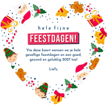 Kerstkaart in hartvorm met vrolijke kerst illustraties Achterkant