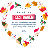 Kerstkaart in hartvorm met vrolijke kerst illustraties Achterkant