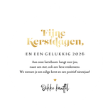 Kerstkaart kerstbal fotocollage hartjes sneeuw goud Achterkant