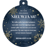 Kerstkaart kerstbalvorm jaartal sneeuwvlokken en logo Achterkant