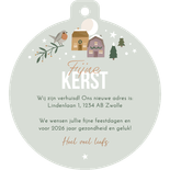 Kerstkaart kersthuisjes met verhuisauto Achterkant