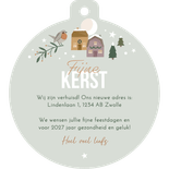 Kerstkaart kersthuisjes met verhuisauto Achterkant