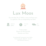 Lief geboortekaartje in ronde vorm met ooievaar & baby  Achterkant