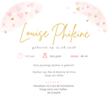 Lief roze geboortekaartje meisje hartvorm roze hartjes Achterkant