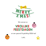 Lieve kerstkaart voor kinderen kerstboom met oogjes Achterkant
