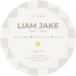 Minimalistisch geboortekaartje gele smiley en beige blokjes Achterkant