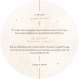 Minimalistische ronde trouwkaart met gouden details Achterkant