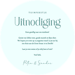 Moderne ronde uitnodiging tuinfeest met palmbomen Achterkant