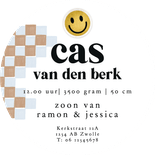 Origineel geboortekaartje cirkel blokjespatroon smiley patch Achterkant