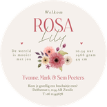 Rond geboortekaartje bloemen lente krans vintage lief Achterkant