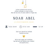 Rond geboortekaartje met silhouet van jongen op een maan Achterkant