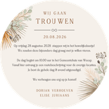 Ronde uitnodiging trouwen droogbloemen en eucalyptus Achterkant