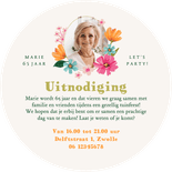 Ronde uitnodigingskaart tuinfeest bloemen lente zomer kleur Achterkant