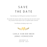 Ronde witte trouwkaart met goudlook duifjes Achterkant