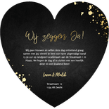 Stijlvolle hartvorm trouwkaart goud met spetters krijtbord Achterkant