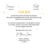 Trouwkaart hartkaart cartoon humor uitnodiging bruiloft Achterkant