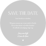 Trouwkaart save the date rond zilverfolie grote foto Achterkant