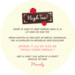 Uitnodiging cirkel kaart taart roze kersen high tea Achterkant