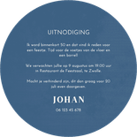 Uitnodiging cirkelvorm 50 feestje blauw vintage Achterkant