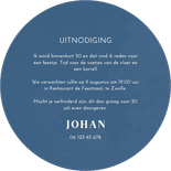 Uitnodiging cirkelvorm 50 feestje blauw vintage Achterkant