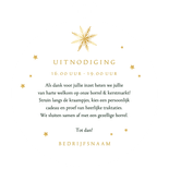 Uitnodiging kerstborrel kerstbal sneeuw sterren goud Achterkant