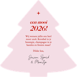 Vrolijke nieuwjaarskaart kerstboompje roze wit gestreept Achterkant