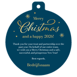 Zakelijke kerstkaart kerstbal transport sneeuw goud sterren Achterkant