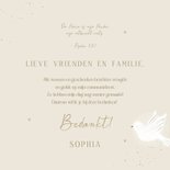 Bedankkaart heilig vormsel beige duif hartjes Achterkant