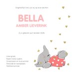 Blij geboortekaartje met vrolijk olifantje en gouden hartjes 3