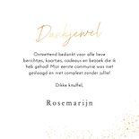 Communie bedankkaartje fotocollage wit met gouden spetters  Achterkant