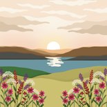 Condoleance kaart met ondergaande zon en bloemen 2