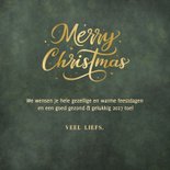 Donkergroene hippe kerstkaart met goudfolie letters 3