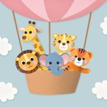 Felicitatiekaart geboorte luchtballon vol dieren roze 2