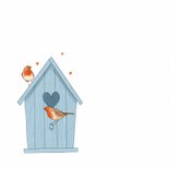 Felicitatiekaart nieuwe woning vogelhuisje roodborstjes boom 2