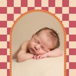 Geboortekaartje boog roze oranje ruitjes met maan 2