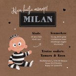 Geboortekaartje crimineel boefje ontsnapt stoer jongen baby Achterkant