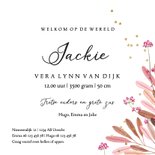 Geboortekaartje met bladeren, bloemen en gouden hartjes Achterkant